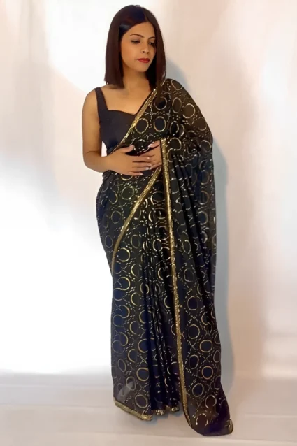 Partywear Black Georgette Saree With Mono Banglori Blouse
