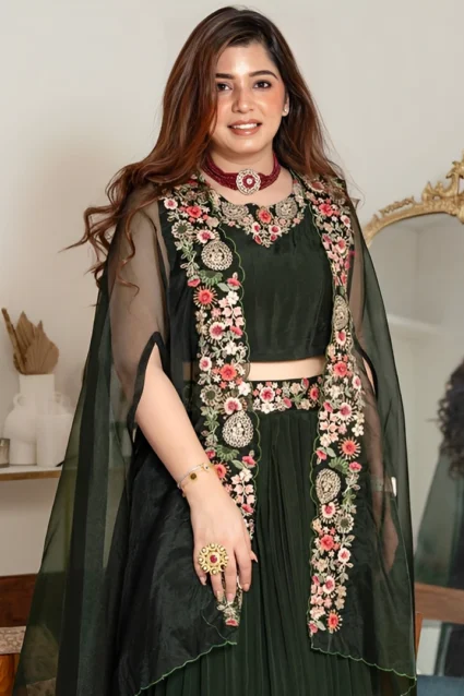 Partywear Crop Top Lehenga With Shrug In Embroidery Work