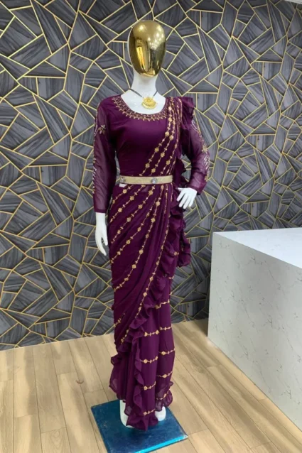 Partywear Designer Saree For Farewell Party In Wine Color