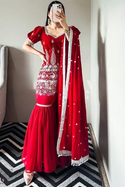 Partywear Red Sharara Suit For Women With Dupatta Partywear Red Sharara Suit For Women With Dupatta