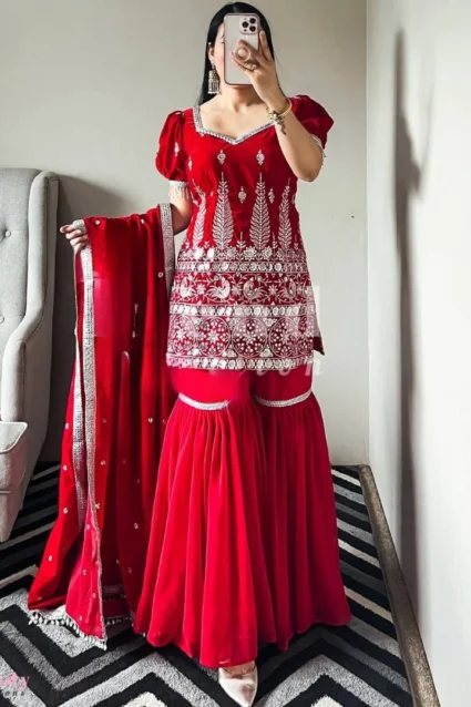 Partywear Red Sharara Suit For Women With Dupatta Partywear Red Sharara Suit For Women With Dupatta