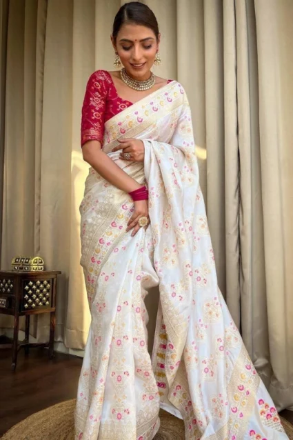 Partywear White Banarasi Silk Saree With Tassel Border