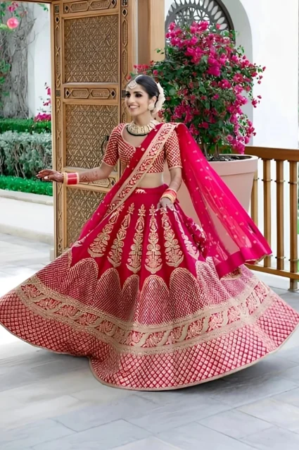 Pink Bridal Crop Top Lehenaga With Dupatta For Wedding