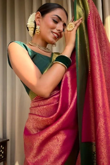 Pink Classic Banarasi Silk Saree For Reception Party