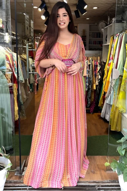 Pink Long Gown With Waist Belt For Engagement Parties