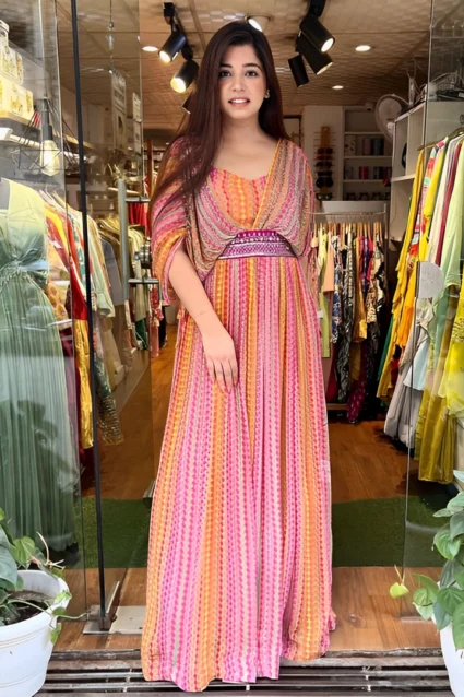 Pink Long Gown With Waist Belt For Engagement Parties