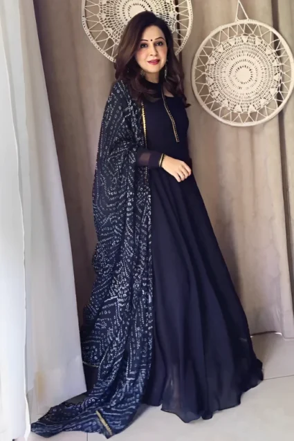 Plain Black Anarkali Suit For Women With Bandhani Dupatta