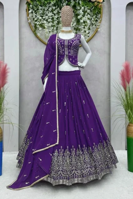 Purple Color Georgette Crop Top Lehenga With Heavy Embroidery