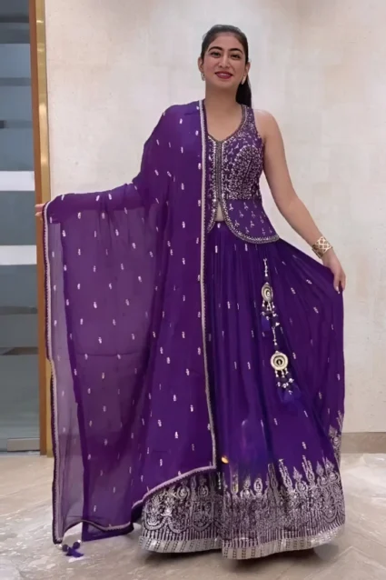 Purple Color Georgette Crop Top Lehenga With Heavy Embroidery