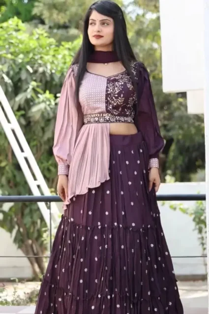 Purple Lehenga Choli With Belt And Dupatta For Wedding