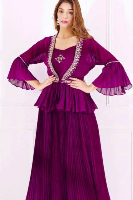 Purple Partywear Dress For Women With Embroidery Work