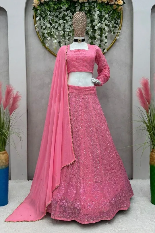 Buy Pink Georgette Embroidered Kali Lehenga Festive Wear Online at Best  Price | Cbazaar