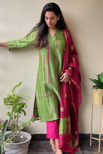 Readymade Tie-N-Dye Green Salwar Suit With Dupatta For Women Readymade Tie-N-Dye Green Salwar Suit With Dupatta For Women