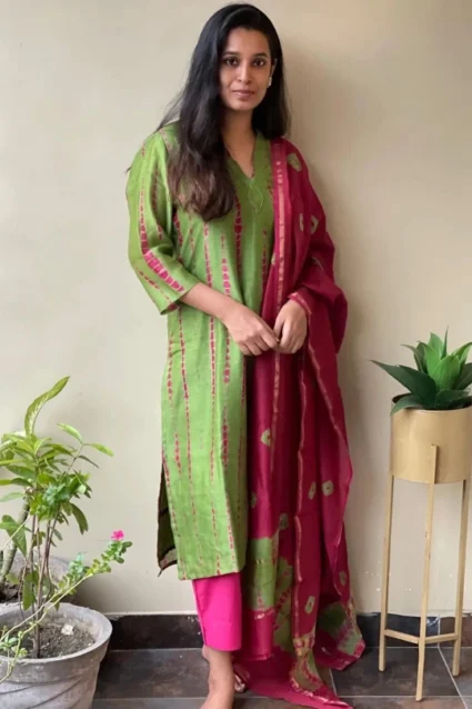 Readymade Tie-N-Dye Green Salwar Suit With Dupatta For Women Readymade Tie-N-Dye Green Salwar Suit With Dupatta For Women