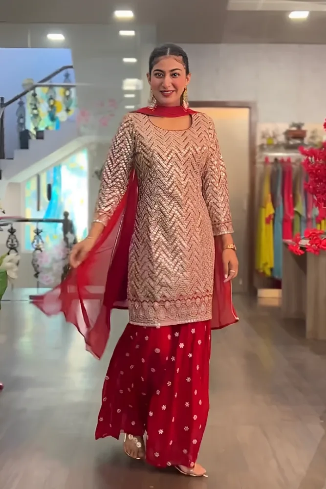 Red Heavy Georgette Embroidery Work Sharara Suit With Dupatta