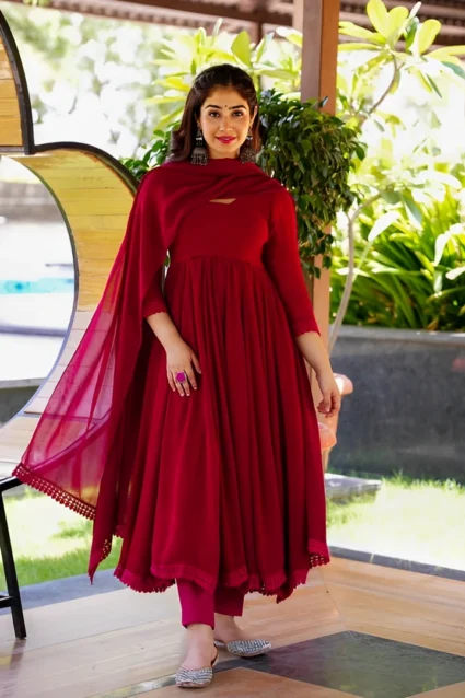 Cherry Red Georgette Anarkali Suit With Dupatta For Casual Wear Cherry Red Georgette Anarkali Suit With Dupatta For Casual Wear
