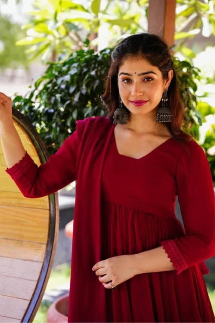 Cherry Red Georgette Anarkali Suit With Dupatta For Casual Wear Cherry Red Georgette Anarkali Suit With Dupatta For Casual Wear