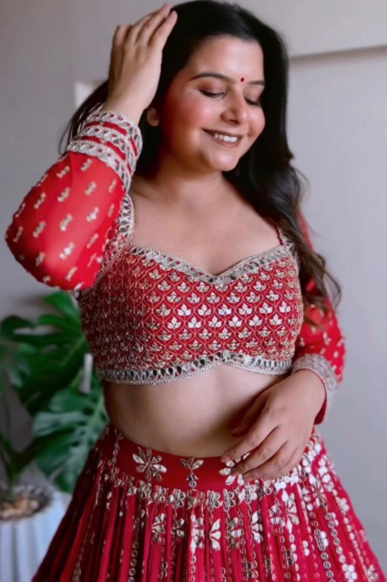 Red Ghagra Choli With Mirror Work For Navratri 2023