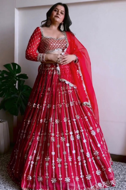 Red Ghagra Choli With Mirror Work For Navratri 2023