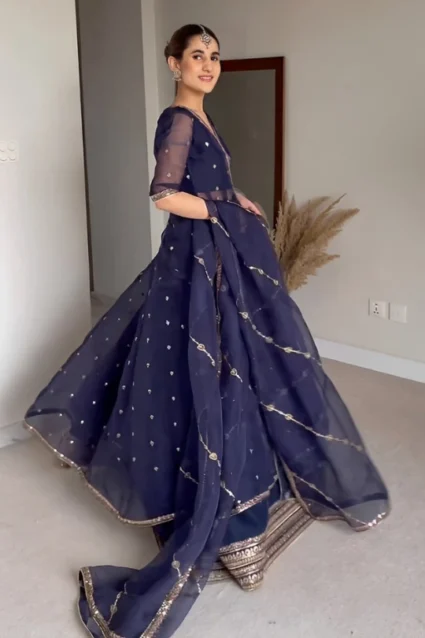 Stunning Blue Organza Crop Top Lehenga Set With Net Koti