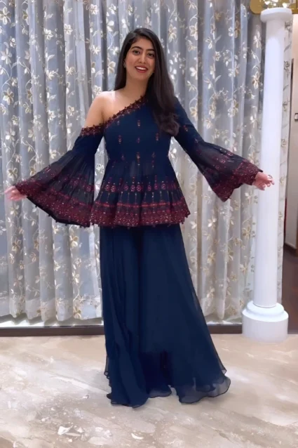 Stunning Dark Blue Kurti Palazzo Set For Raksha Bandhan 2023 Stunning Dark Blue Kurti Palazzo Set For Raksha Bandhan 2023