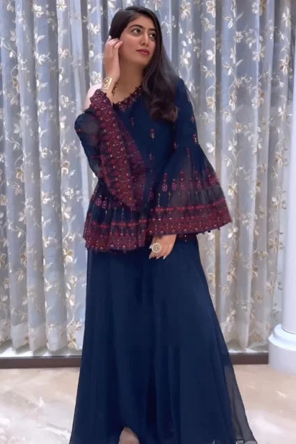 Stunning Dark Blue Kurti Palazzo Set For Raksha Bandhan 2023 Stunning Dark Blue Kurti Palazzo Set For Raksha Bandhan 2023