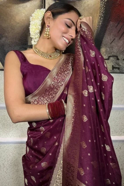 Stunning Festive Wear Banarasi Silk Saree In Wine Color