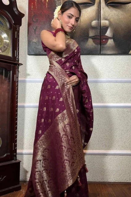 Stunning Festive Wear Banarasi Silk Saree In Wine Color