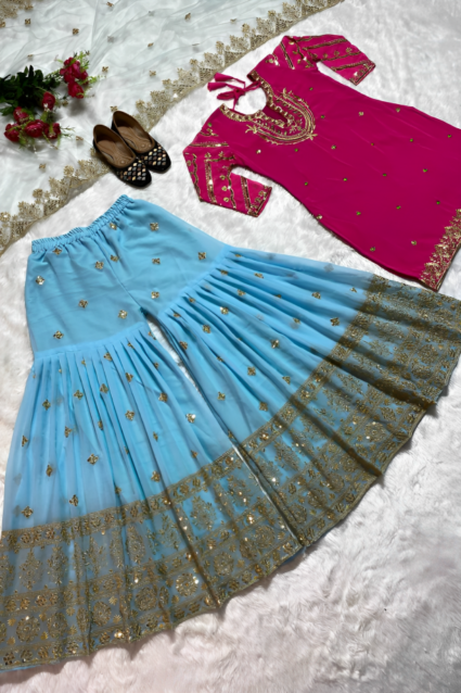Stylish Punjabi Sharara Suit With Dupatta For Raksha Bandhan Stylish Punjabi Sharara Suit With Dupatta For Raksha Bandhan