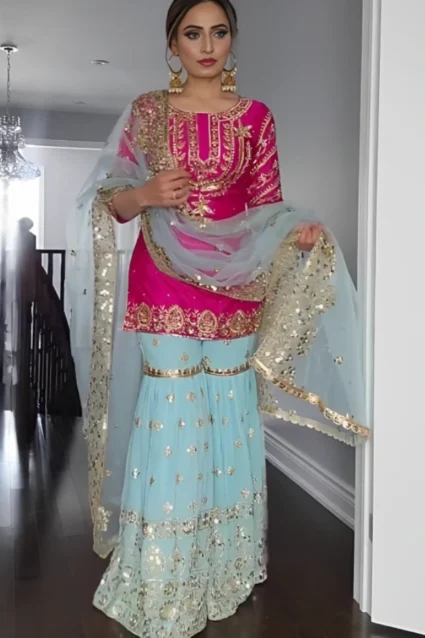 Stylish Punjabi Sharara Suit With Dupatta For Raksha Bandhan Stylish Punjabi Sharara Suit With Dupatta For Raksha Bandhan