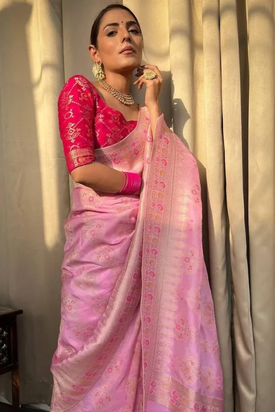 Wedding ROSE PINK MEENAKARI KATAN SILK BANARASI HANDLOOM SAREE, With Blouse  Piece at Rs 27500 in Varanasi