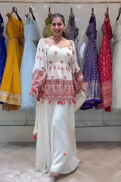 Traditional White Kurti Palazzo Set With Heavy Embroidery Traditional White Kurti Palazzo Set With Heavy Embroidery