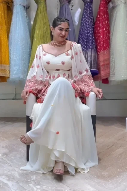 Traditional White Kurti Palazzo Set With Heavy Embroidery Traditional White Kurti Palazzo Set With Heavy Embroidery