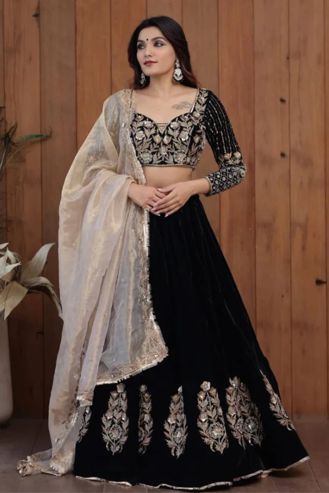 Velvet crop shop top and lehenga