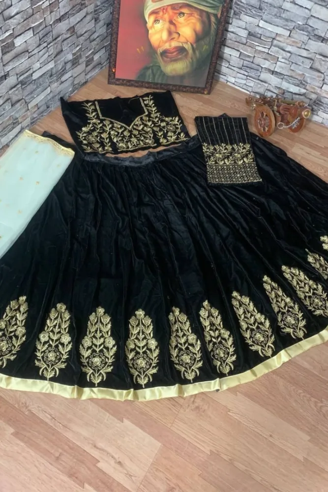 Blue Velvet Silk Lehenga Chunri Ruffle Style Lengha Choli Dress Ethnic  Skirt Top | eBay