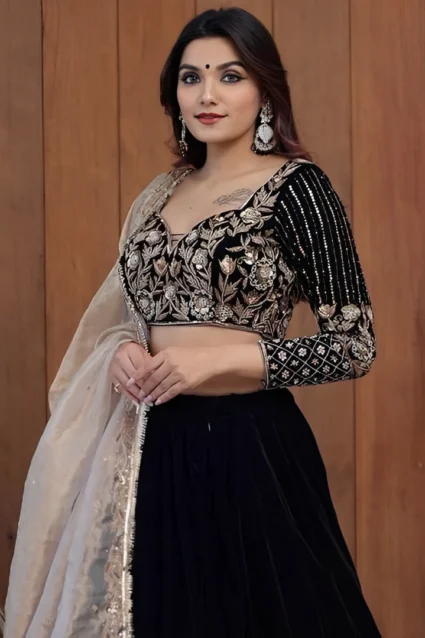 Velvet Lehenga With Full-Sleeved Designer Crop Top For Girls