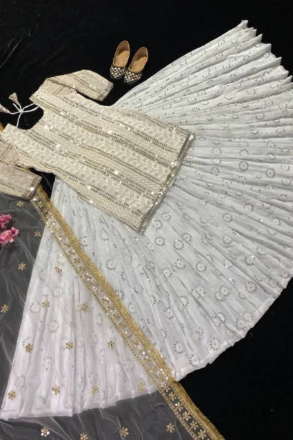 White Pakistani Style Sharara Dress With Dupatta For Sangeet