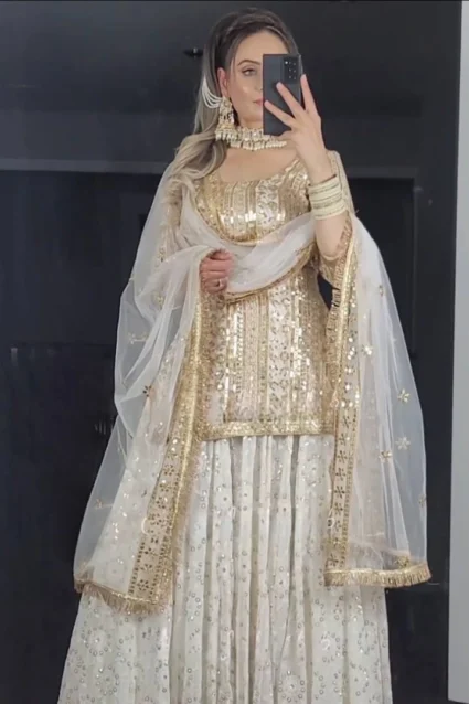 White Pakistani Style Sharara Dress With Dupatta For Sangeet