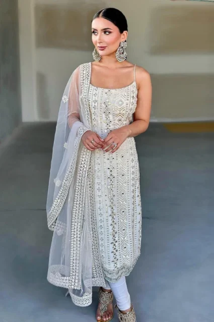 Women's Snowy White Sleeveless Salwar Suit With Mirrorwork Women's Snowy White Sleeveless Salwar Suit With Mirrorwork