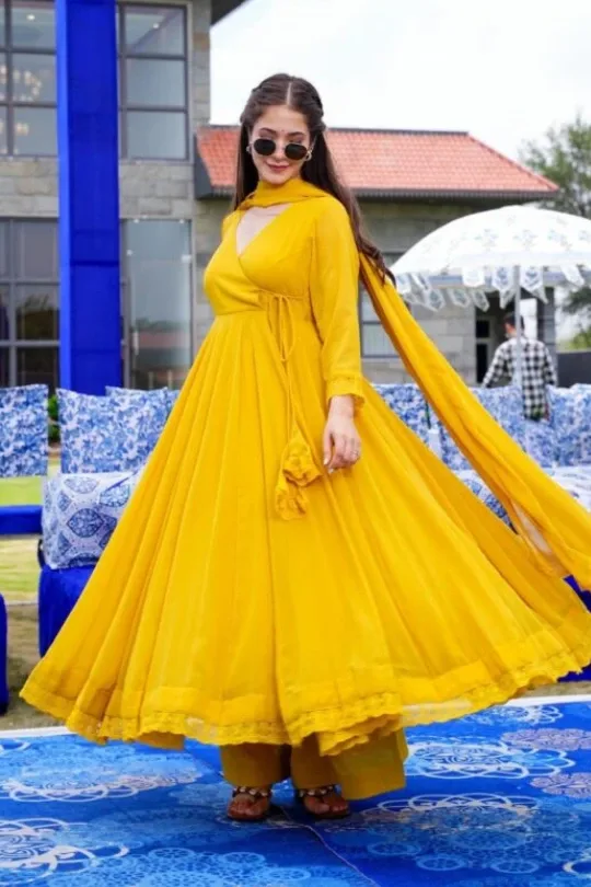 Golden Yellow Flared Anarkali Suit Set – Hatheli