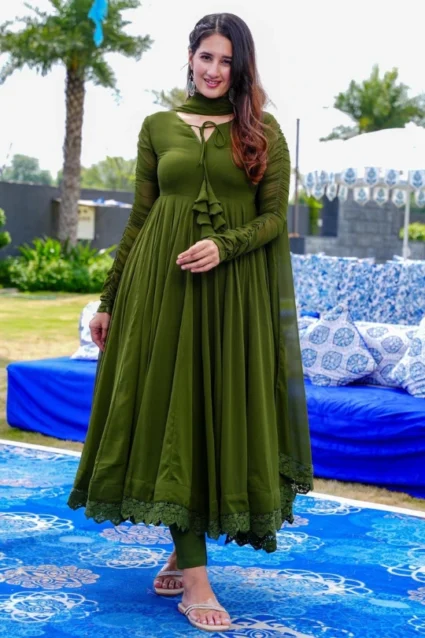 Timeless Dark Green Anarkali Dress with Wrinkled Full Sleeves Timeless Dark Green Anarkali Dress with Wrinkled Full Sleeves