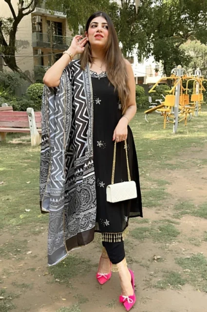 Black Handwork Partywear Kurti Pant Set With Dupatta