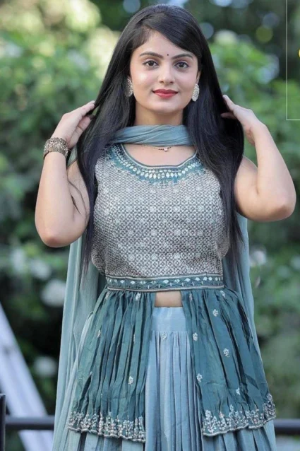 Blue Partywear Chinon Crop Top Lehenga With Dupatta