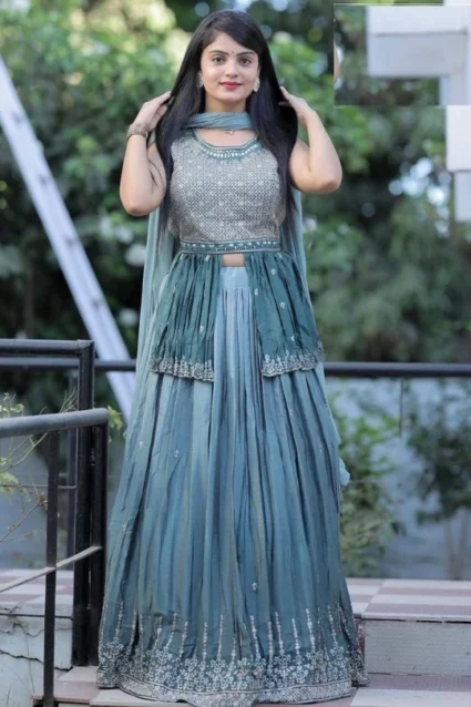 Blue Partywear Chinon Crop Top Lehenga With Dupatta