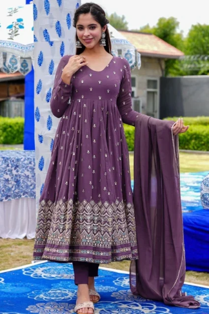 Designer Mauve Georgette Anarkali Suit Set For Girls Designer Mauve Georgette Anarkali Suit Set For Girls