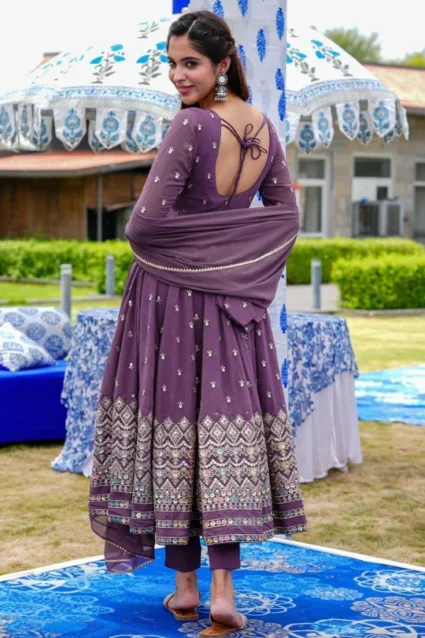 Designer Mauve Georgette Anarkali Suit Set For Girls Designer Mauve Georgette Anarkali Suit Set For Girls