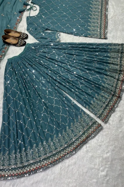 Designer Partywear Blue Sharara Suit For Wedding Celebration. Designer Partywear Blue Sharara Suit For Wedding Celebration.
