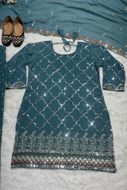 Designer Partywear Blue Sharara Suit For Wedding Celebration. Designer Partywear Blue Sharara Suit For Wedding Celebration.