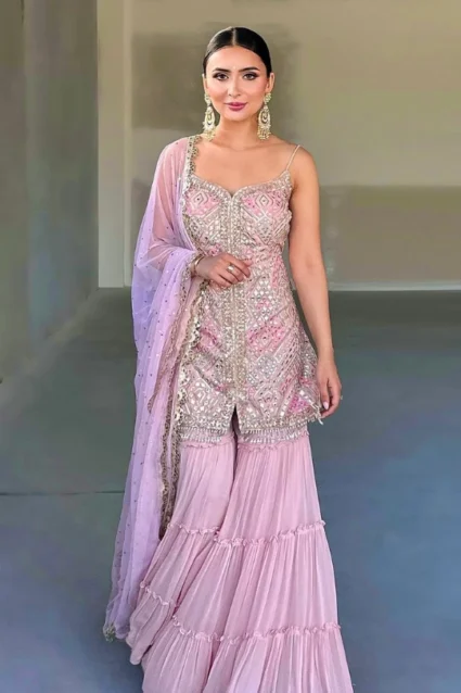 Designer Pink Georgette Sharara Suit With Dupatta For Women Designer Pink Georgette Sharara Suit With Dupatta For Women