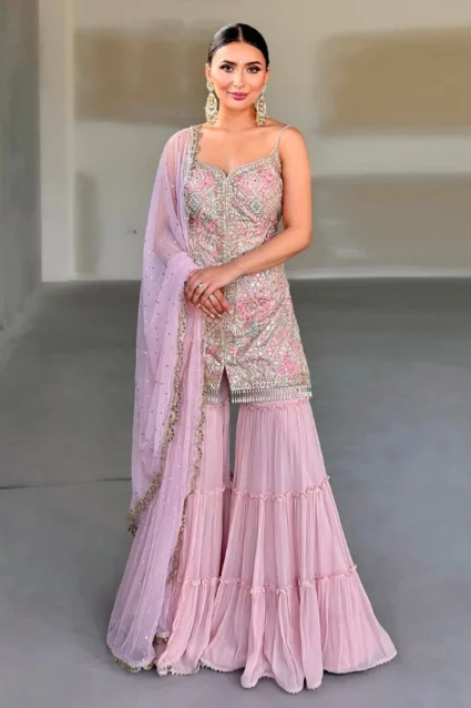 Designer Pink Georgette Sharara Suit With Dupatta For Women Designer Pink Georgette Sharara Suit With Dupatta For Women